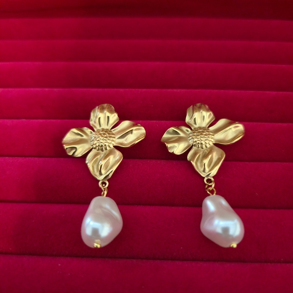 18K Gold Plated Floral Faux Baroque Pearl Drop Earrings Stainless Steel